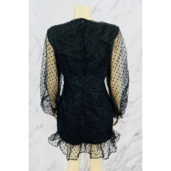 F033 PrettyLittleThing Black Polka Dot Organza Frill Hem Bodycon Dress - Picture 5 of 9